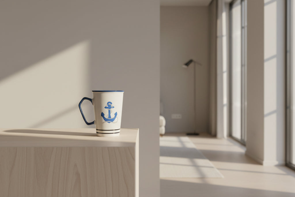 White mug with blue anchor design on a wooden surface
