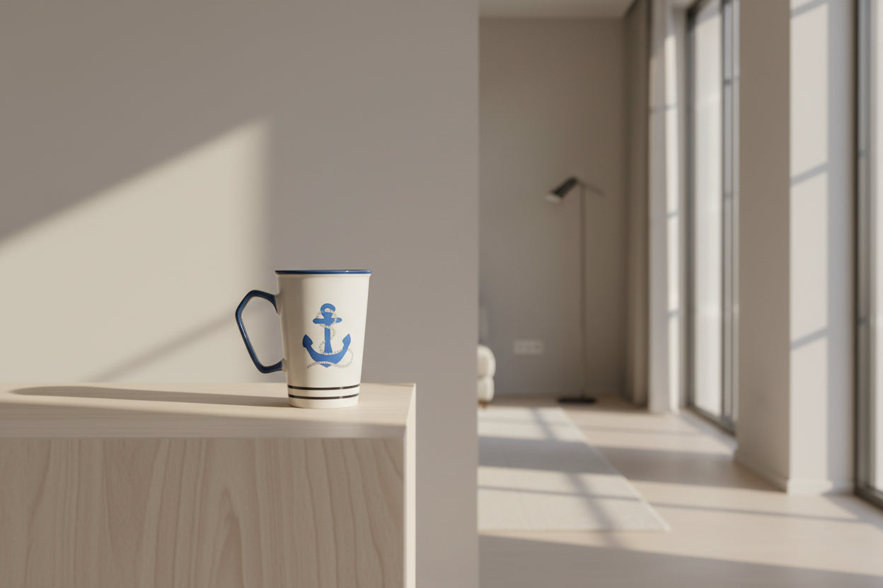 White mug with blue anchor design on a wooden surface