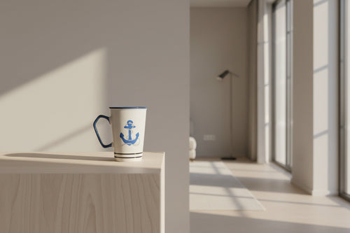 White mug with blue anchor design on a wooden surface