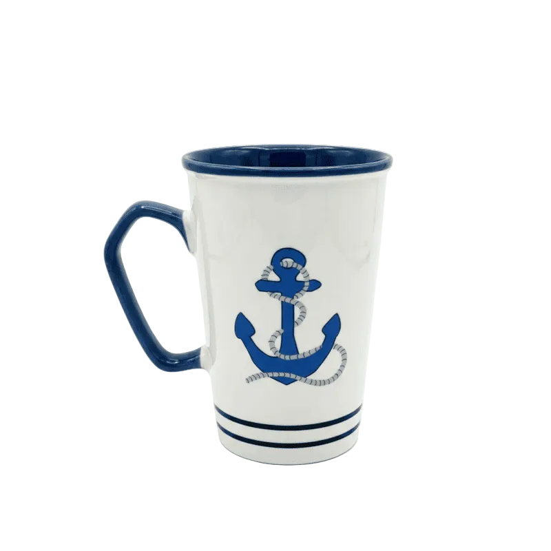 White mug with blue anchor design on a white background