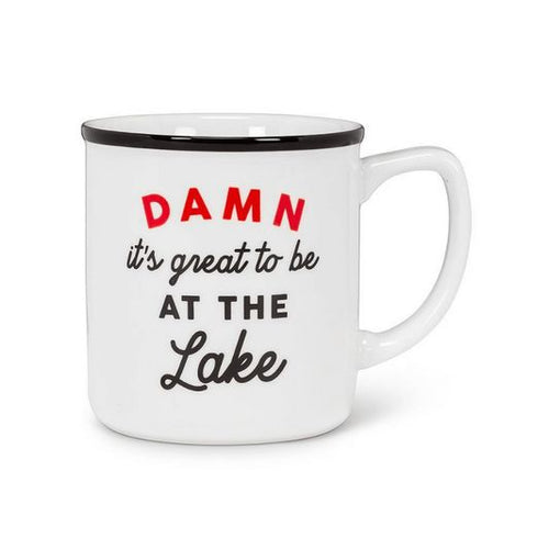 White mug with black interior, red and black text on a white background