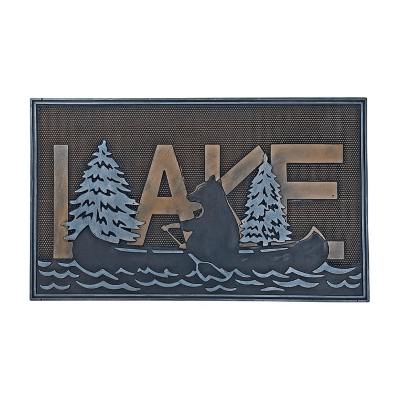 Doormat with 'LAKE' and a bear in a canoe design on a white background
