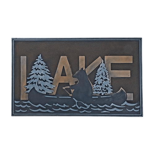 Doormat with 'LAKE' and a bear in a canoe design on a white background