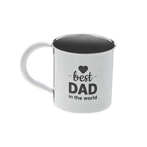 White mug with black interior, 'best dad in the world' text, and heart symbol on a white background