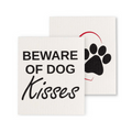 Two Swedish dishcloths with text and a paw print design on a white background