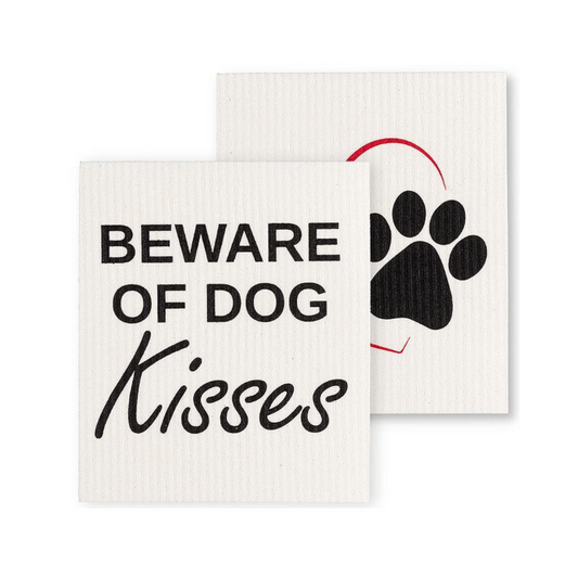 Two Swedish dishcloths with text and a paw print design on a white background