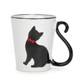 White mug with black cat silhouette and red bow on a white background