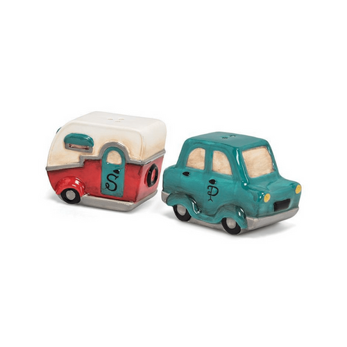 Teal car and red and white camper salt and pepper shakers on a white background
