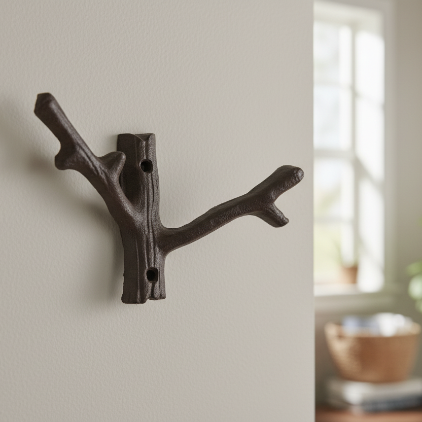 Decorative cast iron wall hook shaped like a branch mounted on wall.