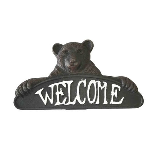 Cast iron bear decor with "Welcome" text on a white background.