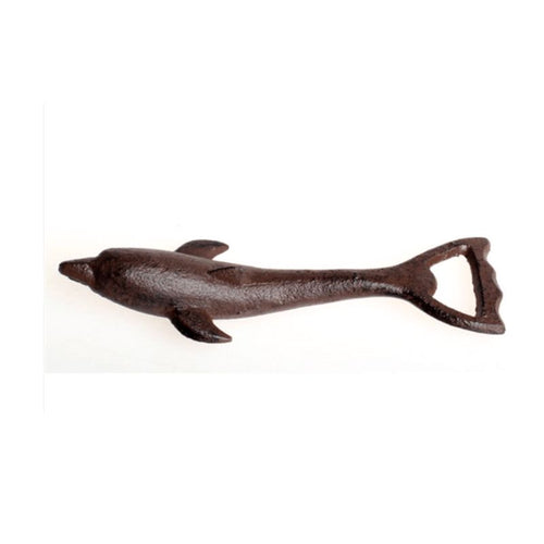 Cast iron dolphin-shaped bottle opener on a white background