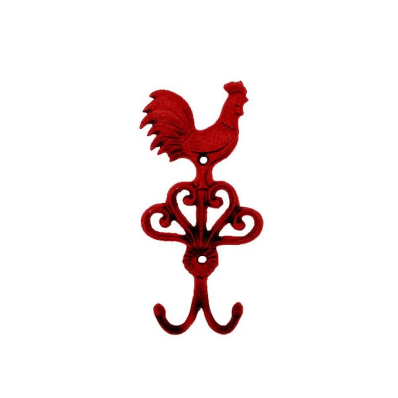Red rooster-shaped wall hook on a white background