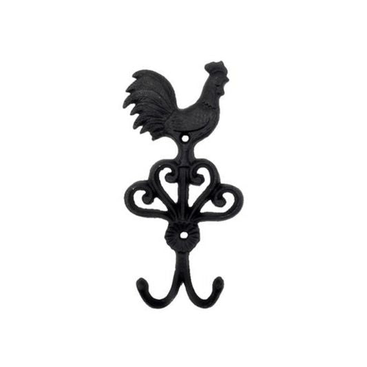 Black cast iron rooster-shaped wall hook on a white background
