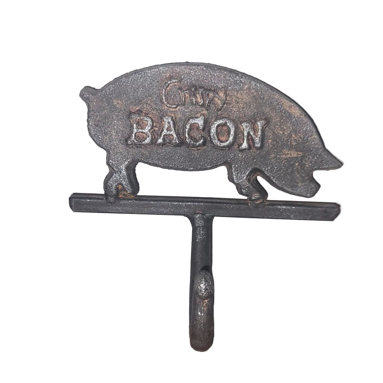 Decorative hook shaped like a pig with 'Pig Bacon' text on a white background