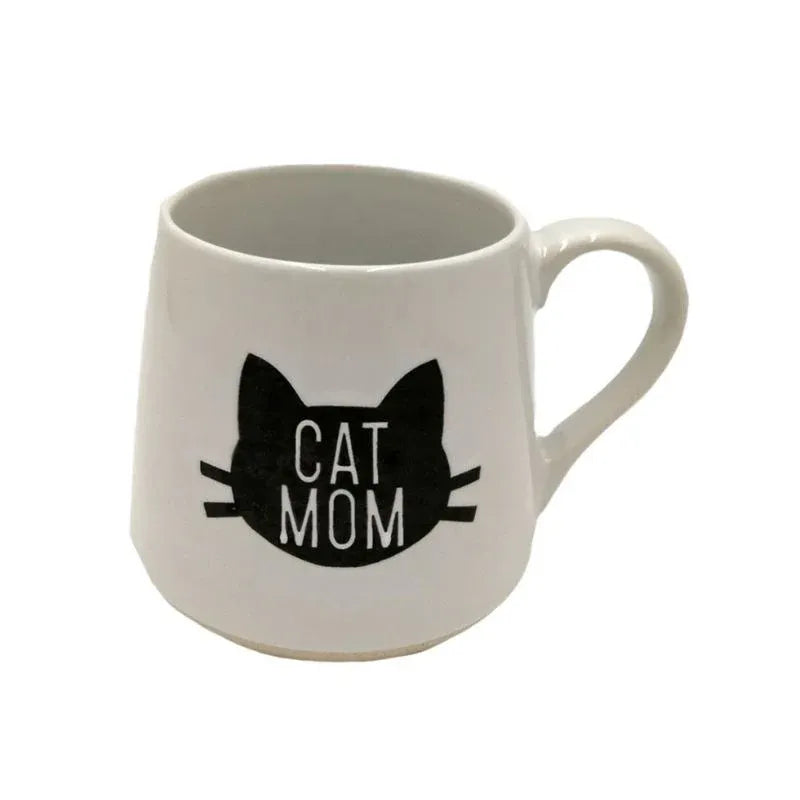 White mug with black cat illustration and 'CAT MOM' text on a white background
