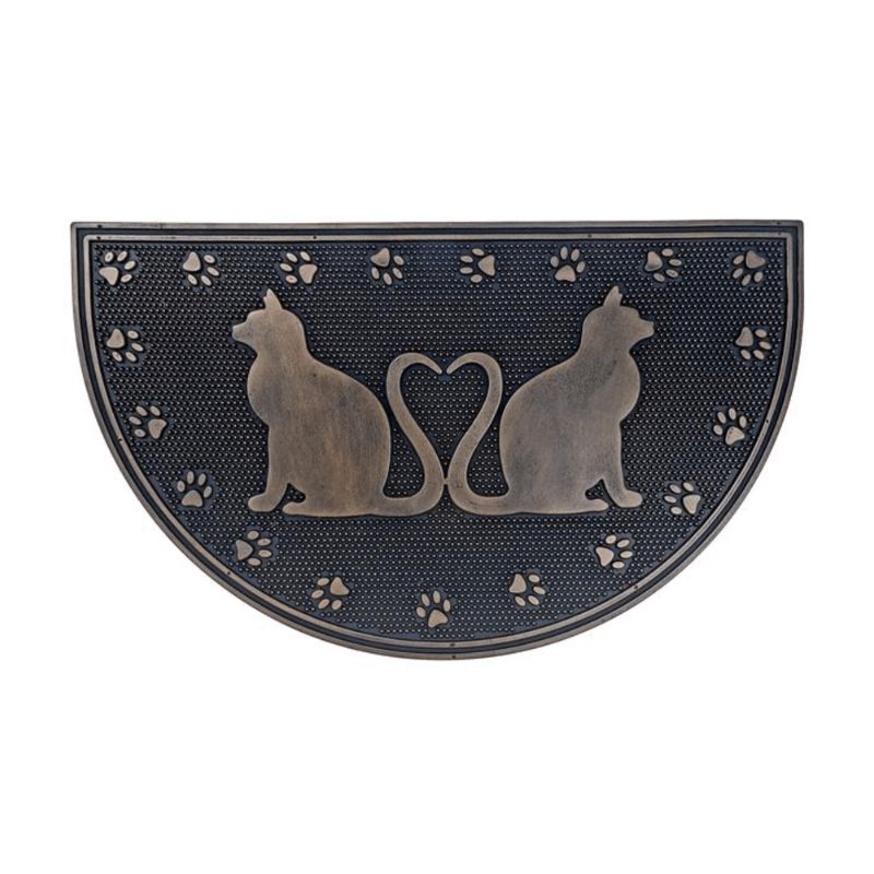 Decorative doormat with cat design and paw prints on a white background