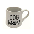 White mug with 'DOG MOM' text and paw print on a white background