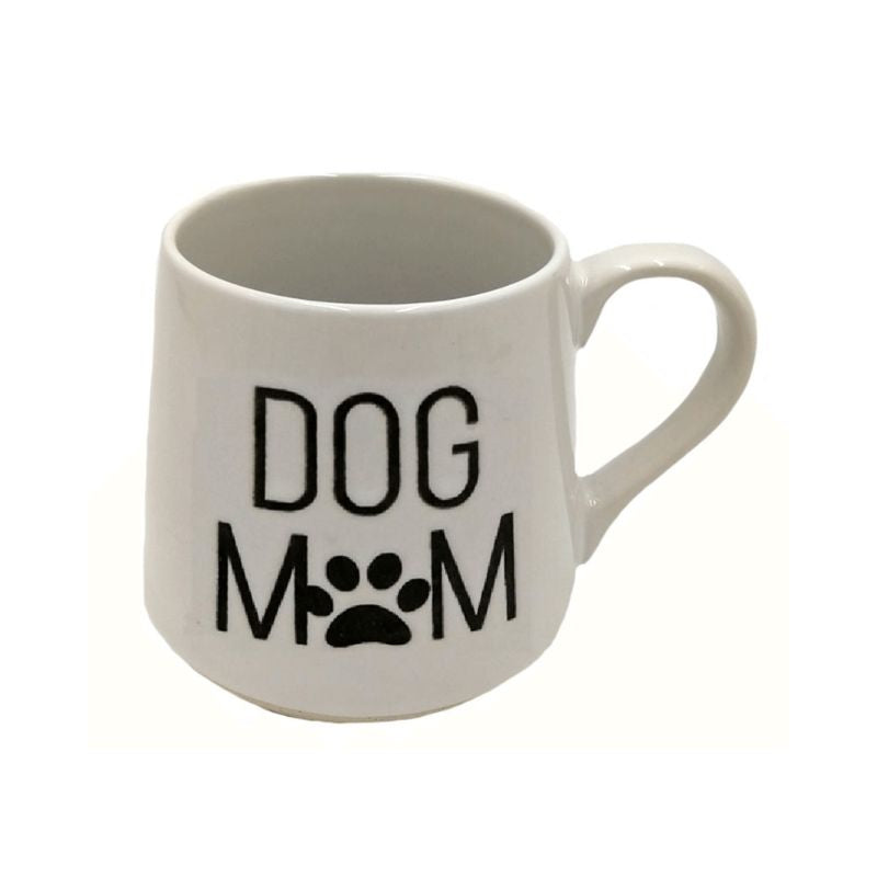 White mug with 'DOG MOM' text and paw print on a white background