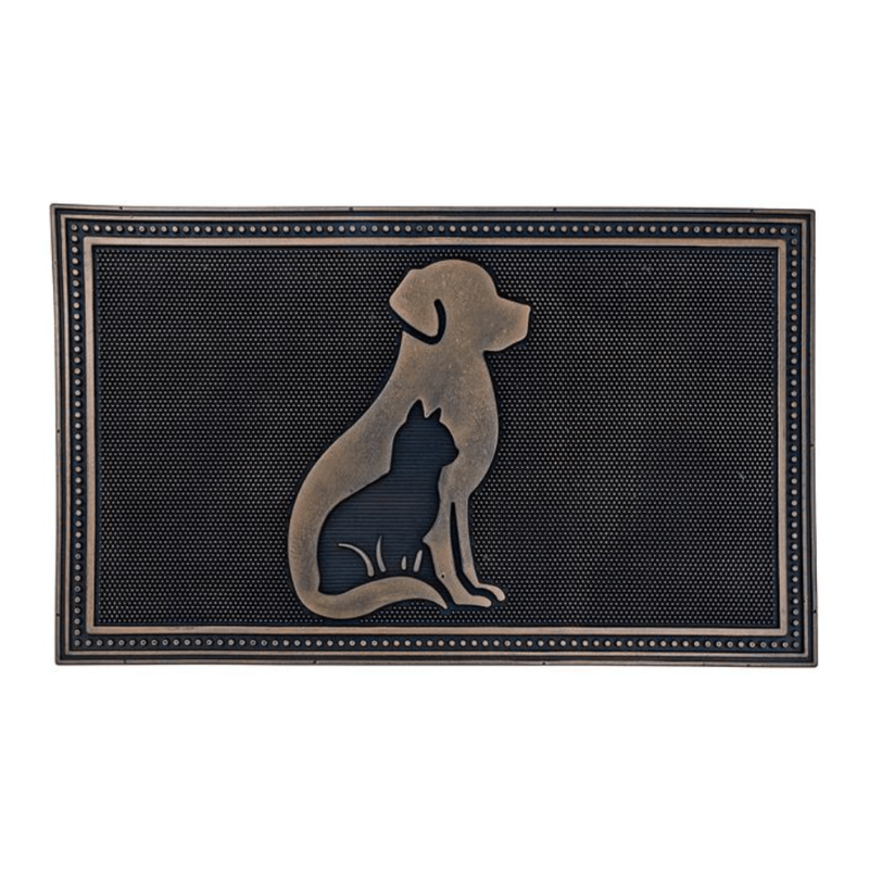 Decorative doormat with a dog and cat silhouette on a black background