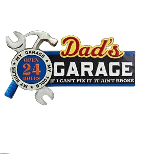 Decorative sign for 'Dad's Garage' on a wall with a red toolbox and car parts.