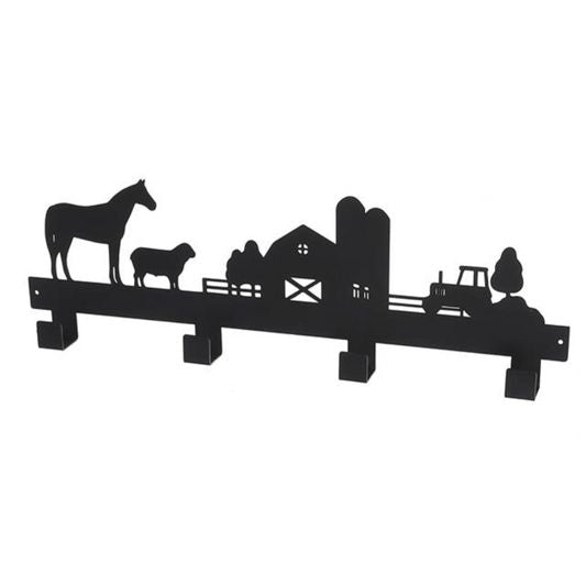 Black metal wall art with farm scene including a barn, tractor, and animals on a white background