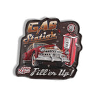 Decorative sign with vintage car and gas pump design, featuring text 'Gas Station, Fill'er Up!'.