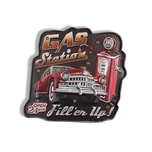 Decorative sign with vintage car and gas pump design, featuring text 'Gas Station, Fill'er Up!'.