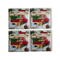 Set of four coasters with a Christmas red truck and dog design on a white background