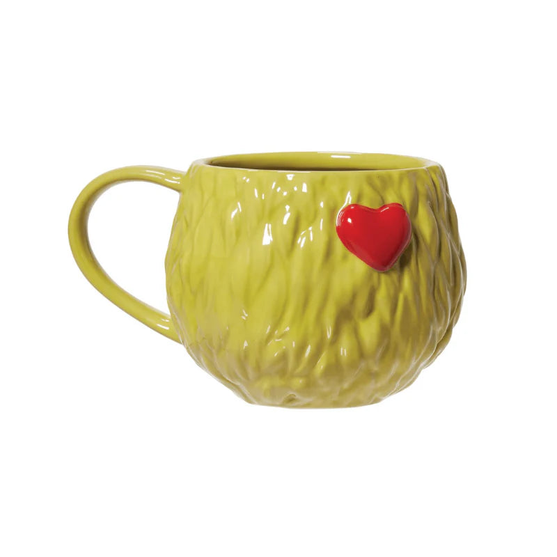 Lime green textured mug with a red heart on a white background