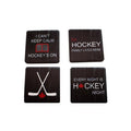 Four black coasters with hockey-themed text and graphics on a white background