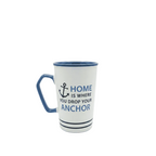 White mug with blue interior and handle, featuring an anchor design and text on a white background.