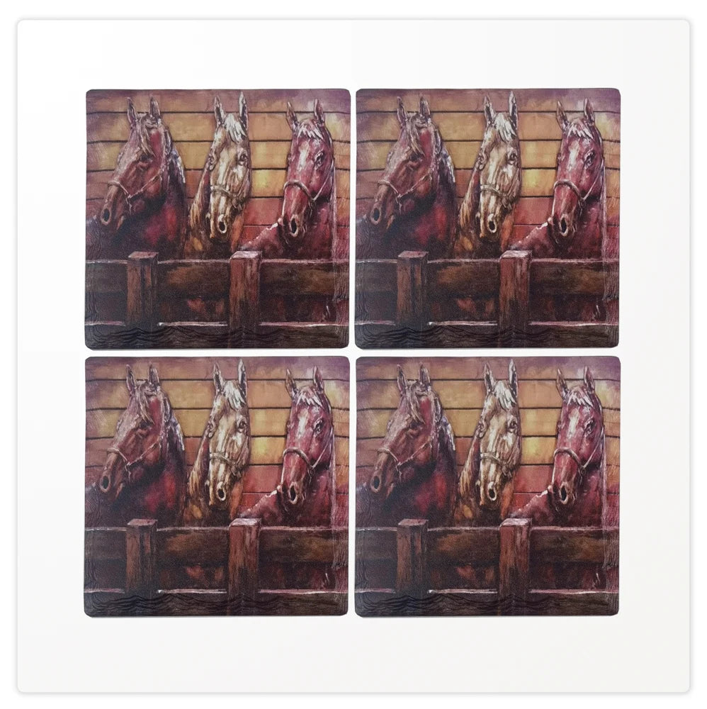Three Horses Wooden Barn Coaster Set