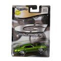 Green Hot Wheels car in packaging on a green background