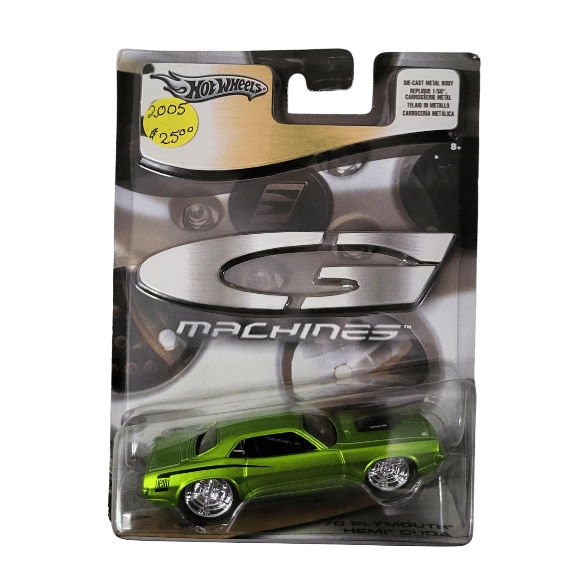 Green Hot Wheels car in packaging on a green background