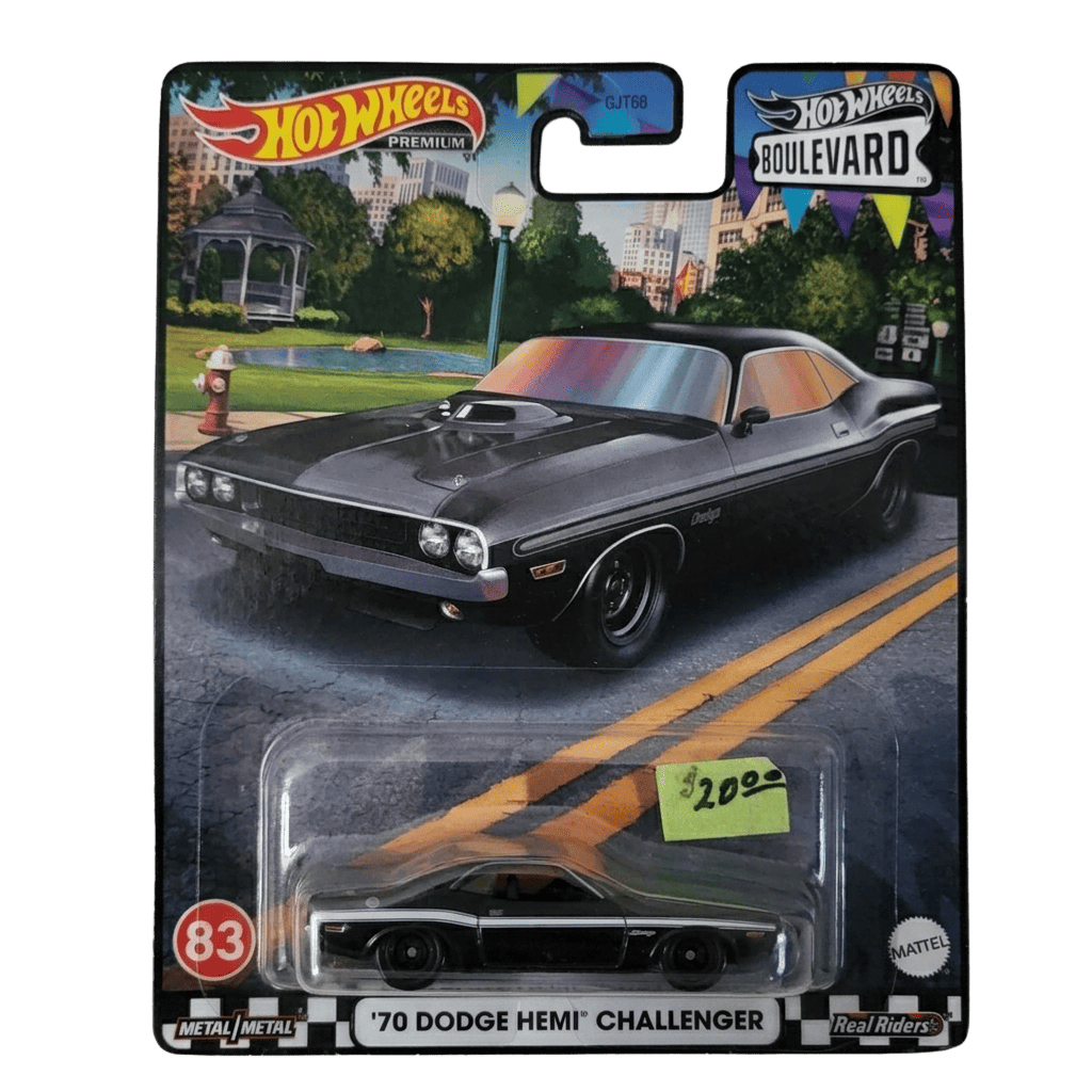 Hot Wheels '70 Dodge Hemi Challenger toy car in packaging with Boulevard label