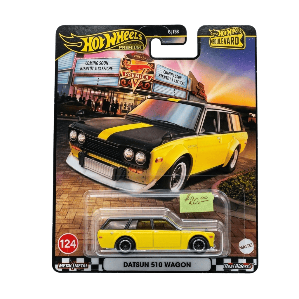 Hot Wheels Datsun 510 Wagon toy car in packaging with a cityscape background