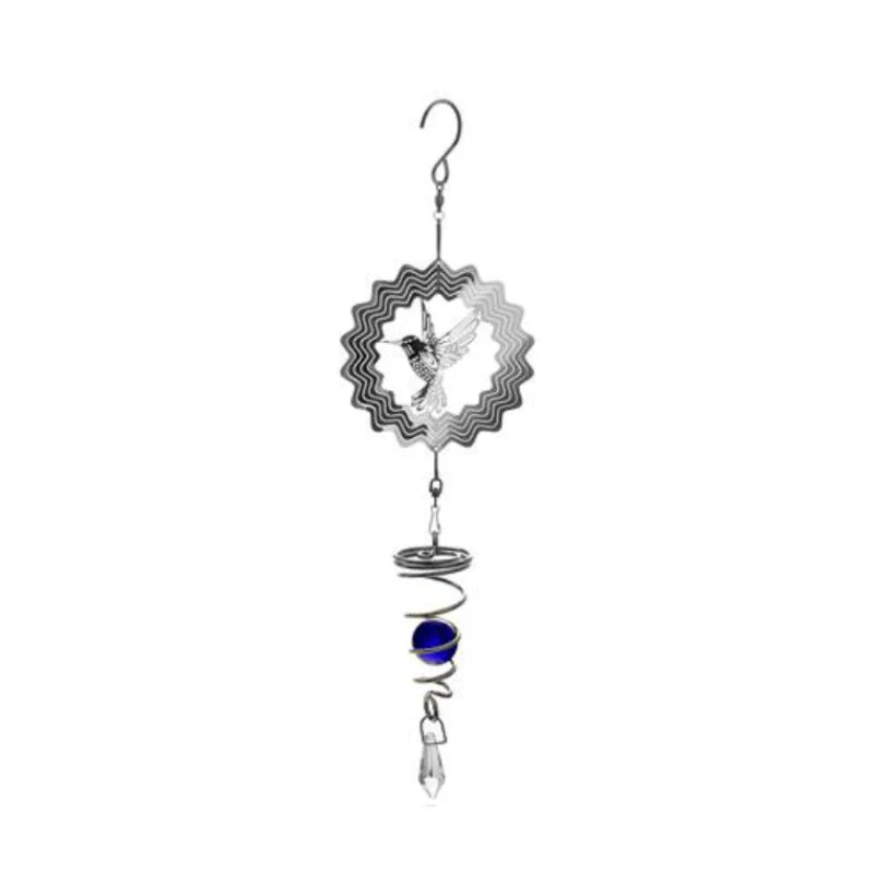 Decorative wind chime with a circular design featuring a bird and blue accents on a white background.