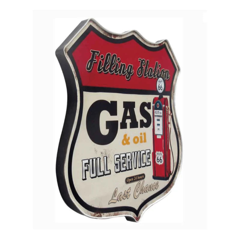 Vintage-style 'Filling Station Gas & Oil Full Service' sign on a white background