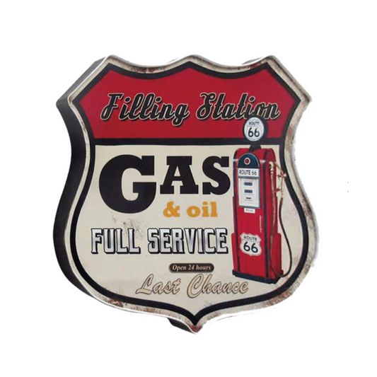 Vintage-style gas station sign with a red pump illustration on a white background