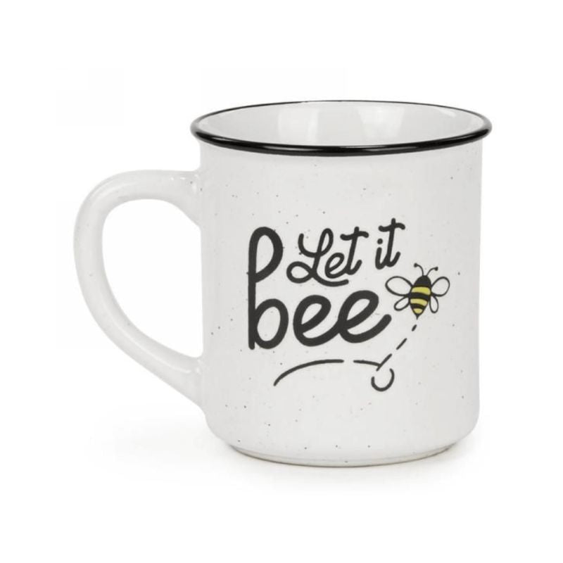 White mug with 'Let it bee' text and a bee illustration on a white background