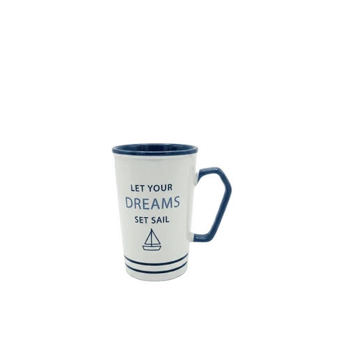 White mug with blue interior and handle, featuring 'Let your dreams set sail' text and a sailboat icon on a white background.