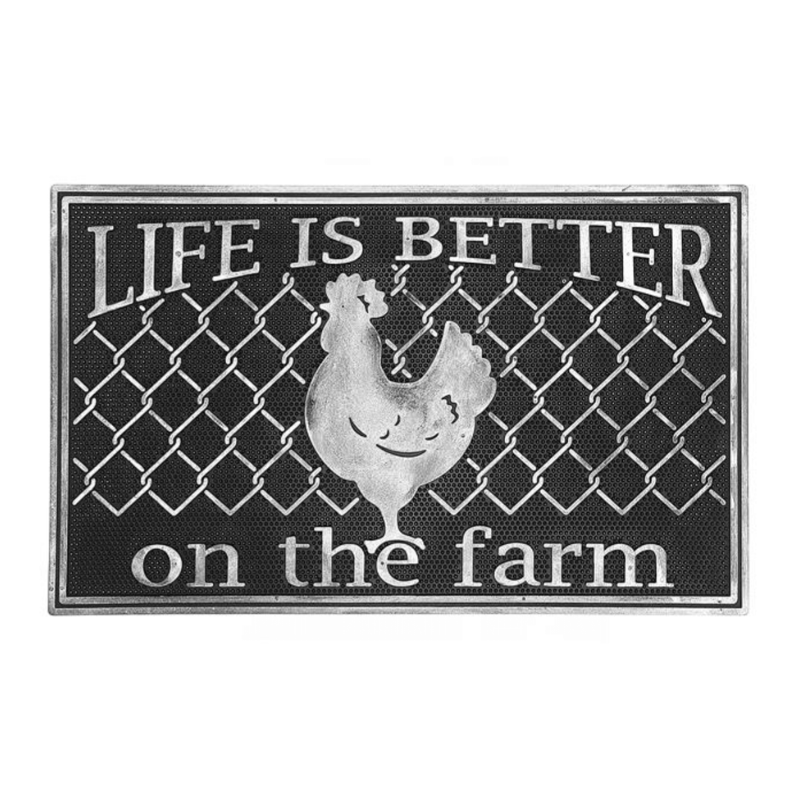 Rubber doormat with a rooster illustration and 'Life is better on the farm' text.