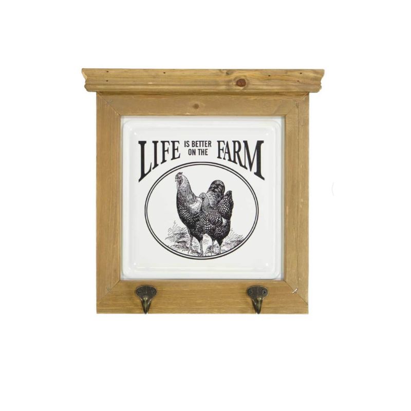 Wooden wall hook with 'Life is Better on the Farm' and chicken illustration