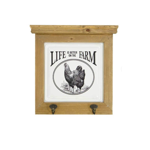 Wooden wall hook with 'Life is Better on the Farm' and chicken illustration