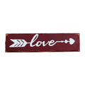 Decorative red and white sign with 'love' text and arrow design on a white background