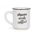 White mug with black text 'Mama needs coffee!' on a white background