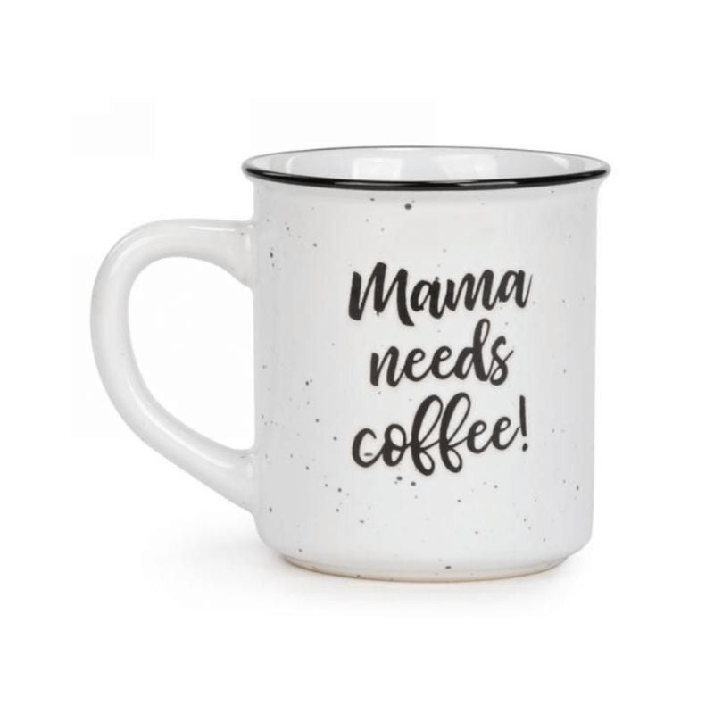 White mug with black text 'Mama needs coffee!' on a white background