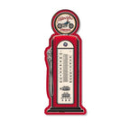 Vintage-style gas pump thermometer with motorcycle design on a white background