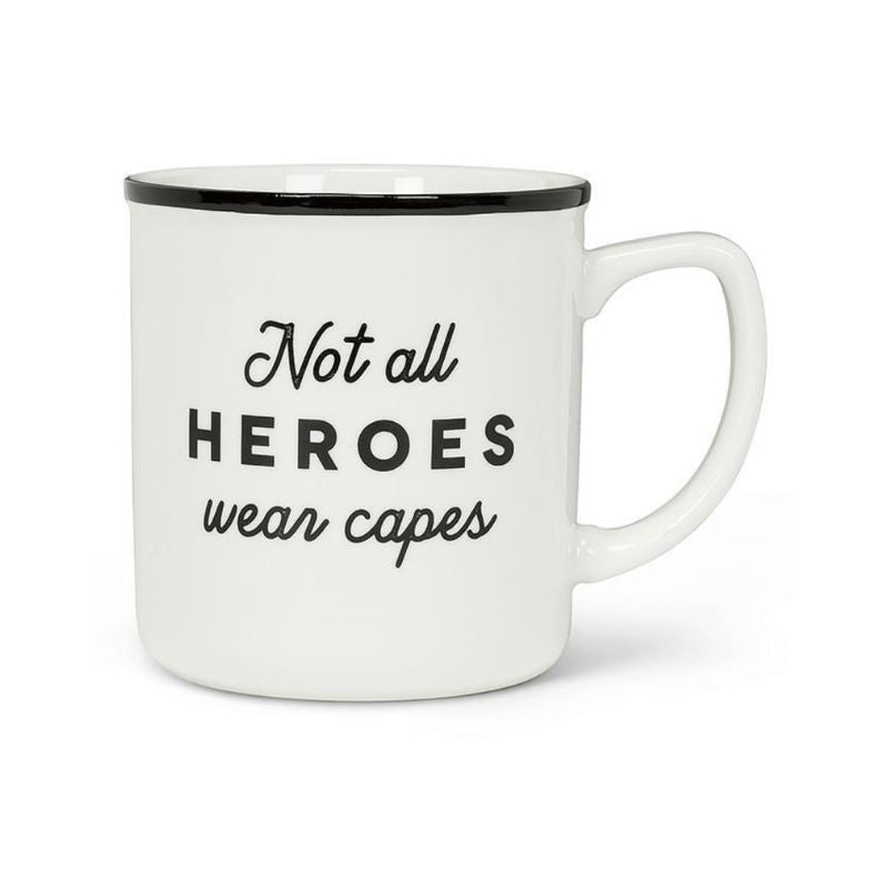 White mug with black interior and handle, featuring the text 'Not all heroes wear capes' on a white background.