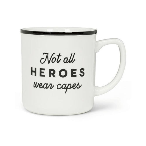 White mug with black interior and handle, featuring the text 'Not all heroes wear capes' on a white background.